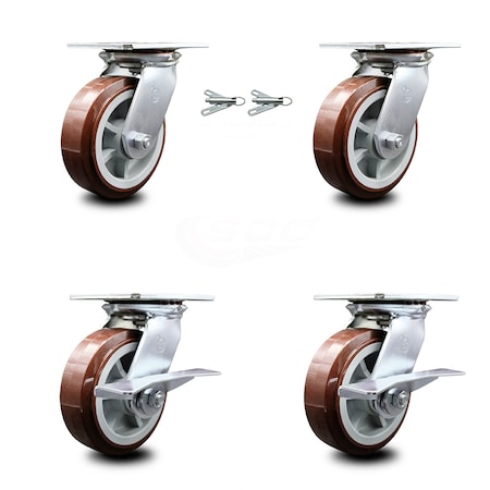 Service Caster 6 Inch Polyurethane Swivel Caster Swivel Locks 2 Brakes, 2PK SCC-35S620-PPUR-BSL-2-SLB-2